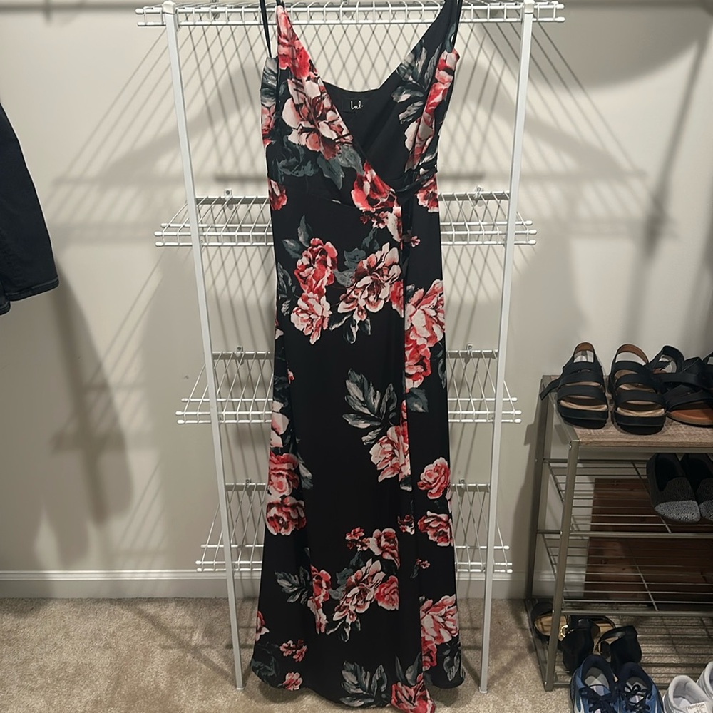 Lulus - Maxi Wrap Dress - Small - Black with pink flowers and green leaves